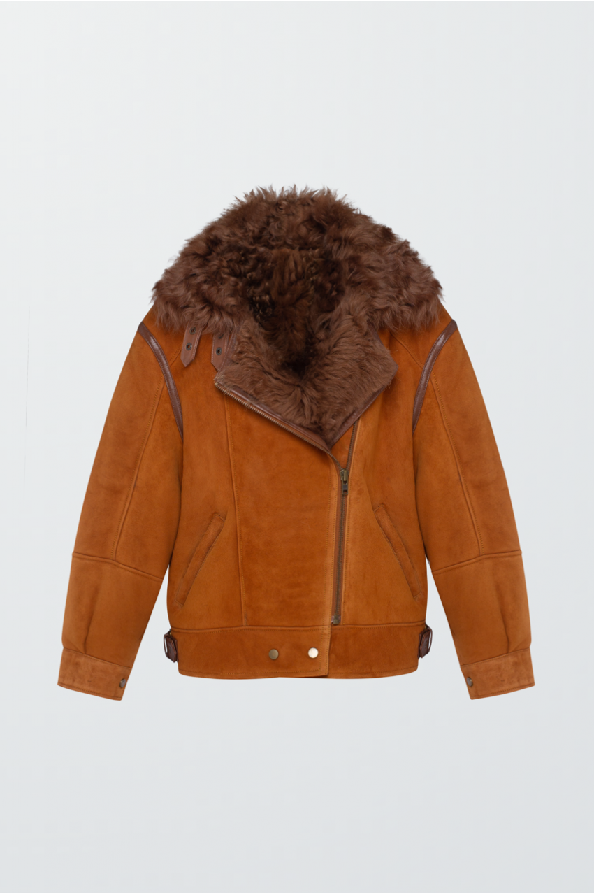 Red sheepskin coat made of natural sheepskin