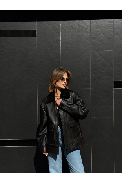 Women's black leather jacket with fur collar