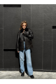 Women's black leather jacket with fur collar
