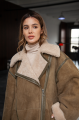 Women's suede sheepskin coat in VINTAGE style, olive color, natural sheepskin