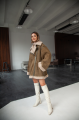 Women's suede sheepskin coat in VINTAGE style, olive color, natural sheepskin