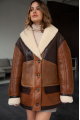 Long women's sheepskin coat in VINTAGE style and a stylish combination of dark chocolate and whiskey colors