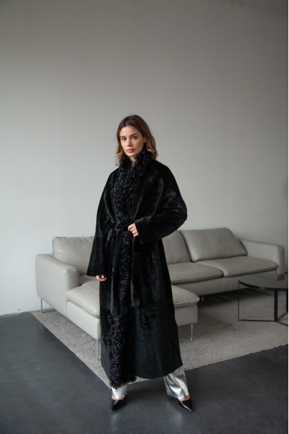 Long black sheepskin coat