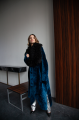 Long royal blue sheepskin coat with detachable collar