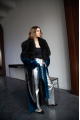 Long royal blue sheepskin coat with detachable collar