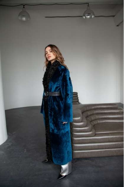 Long blue sheepskin coat