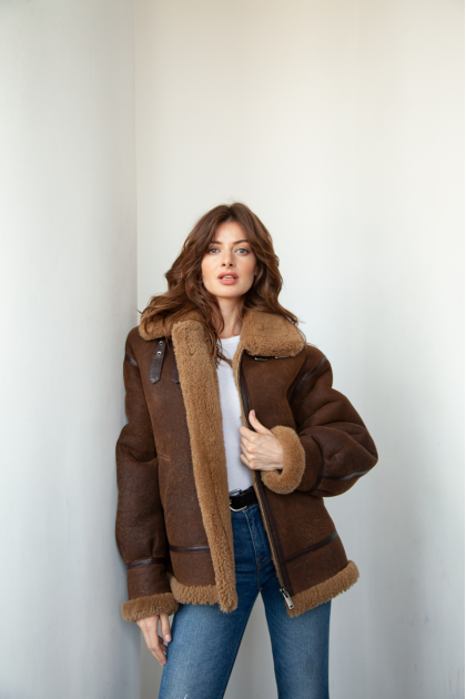 Chocolate-colored sheepskin coat