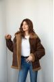 Chocolate-colored women's sheepskin coat made of natural sheepskin in VINTAGE style