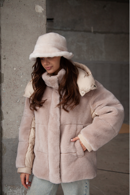 Down jacket with sheepskin fur trim