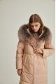 Women's long down jacket of brown color with fox fur and natural filling