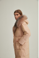 Women's long down jacket of brown color with fox fur and natural filling