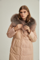 Women's long down jacket of brown color with fox fur and natural filling