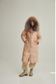 Women's long down jacket of brown color with fox fur and natural filling