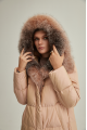 Women's long down jacket of brown color with fox fur and natural filling