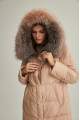 Women's long down jacket of brown color with fox fur and natural filling