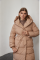 Long down jacket of brown color with natural filler