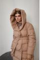 Long down jacket of brown color with natural filler