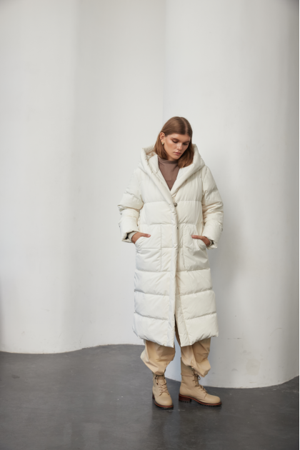 Women's down jacket of white color