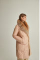 Women's long beige down jacket with fox fur and natural filling