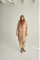 Women's long beige down jacket with fox fur and natural filling