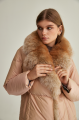 Women's long beige down jacket with fox fur and natural filling