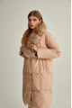 Women's long beige down jacket with fox fur and natural filling