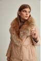 Women's long beige down jacket with fox fur and natural filling