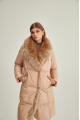 Women's long beige down jacket with fox fur and natural filling