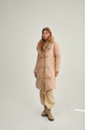 Women's long beige down jacket with fox fur and natural filling