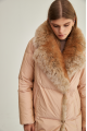 Women's long beige down jacket with fox fur and natural filling