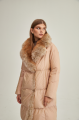 Women's long beige down jacket with fox fur and natural filling