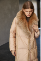 Women's long beige down jacket with fox fur and natural filling