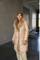 Women's long beige down jacket with fox fur and natural filling