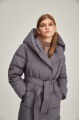 Women's long down jacket of gray color with natural filling