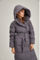 Women's long down jacket of gray color with natural filling