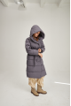 Women's long down jacket of gray color with natural filling