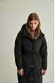 Long women's down jacket of black color with natural filler