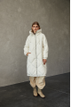 Women's long white down jacket with a hood and natural filling