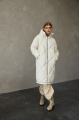 Women's long white down jacket with a hood and natural filling