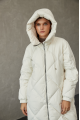 Women's long white down jacket with a hood and natural filling