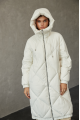 Women's long white down jacket with a hood and natural filling