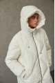 Women's long white down jacket with a hood and natural filling