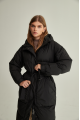 Long women's down jacket of black color with natural filler