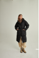 Long women's down jacket of black color with natural filler