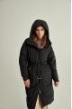 Long women's down jacket of black color with natural filler