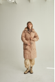 Long down jacket of beige color with natural filler