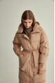 Long down jacket of beige color with natural filler