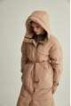 Long down jacket of beige color with natural filler