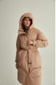 Long down jacket of beige color with natural filler