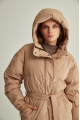 Long down jacket of beige color with natural filler